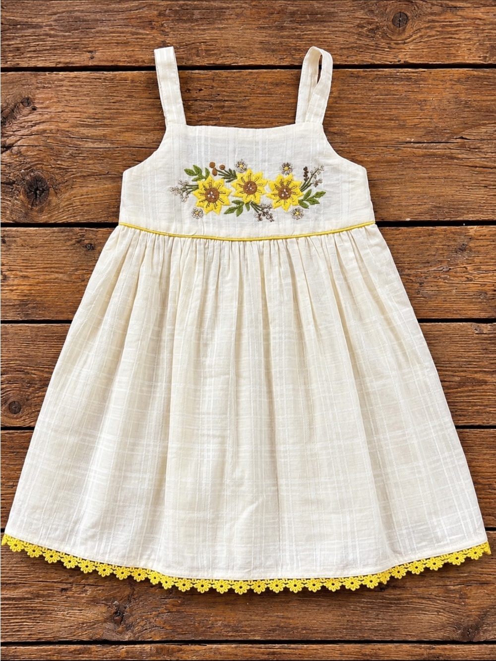 haute hippie Toddler Girls Sun Dress Pale Yellow, Embroidered Sun Flowers Cotton